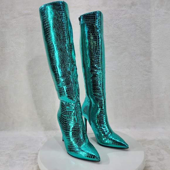 Mata Shoes Shoes - Green Metallic  Festive   Pointy Toe Boots With 4 inch Stiletto Heel
